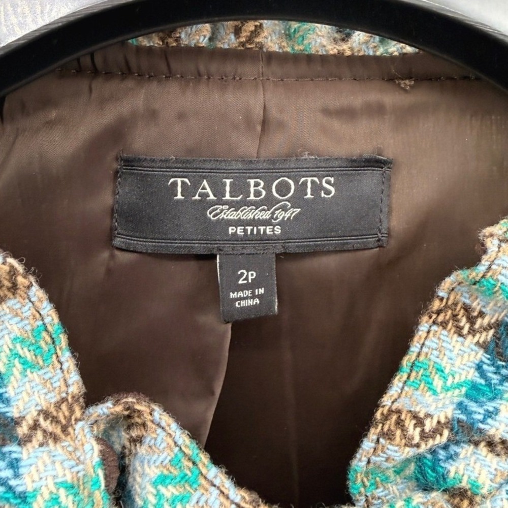 Talbots 100% Wool Blazer Women 2P Pre-Owned Plaid Blue Ruffle Elbow Patch Jacket - Picture 5 of 11